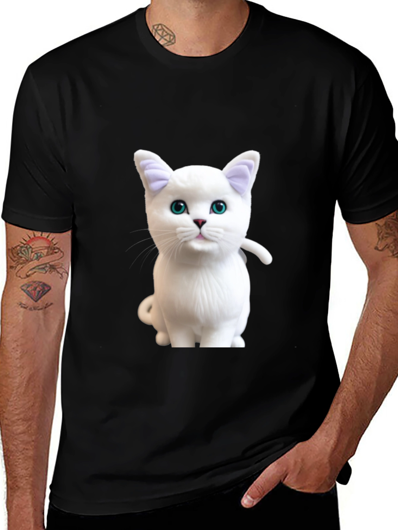 Variant 5 of Cute White Cat Graphic Print Black T-Shirt