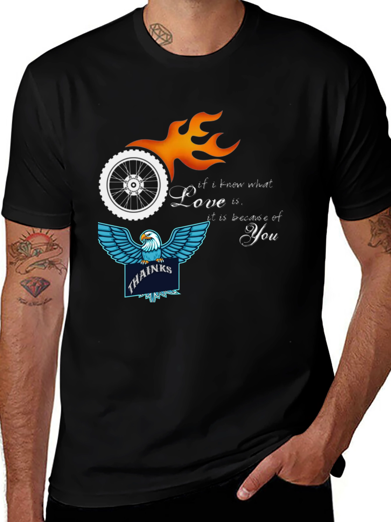 Variant 30 of Black Graphic Tee: Eagle, Flame, Wheel, and Love Design