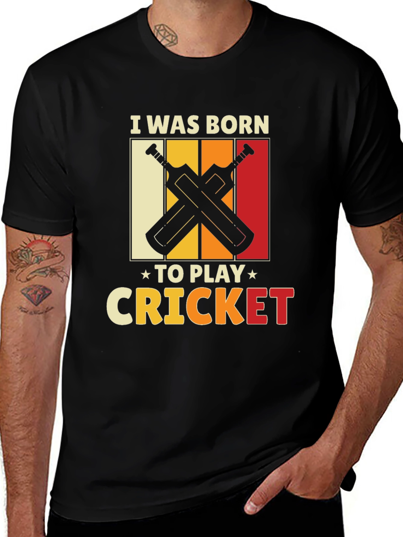 Variant 26 of Born to Play Cricket T-Shirt Retro Style Bats Design
