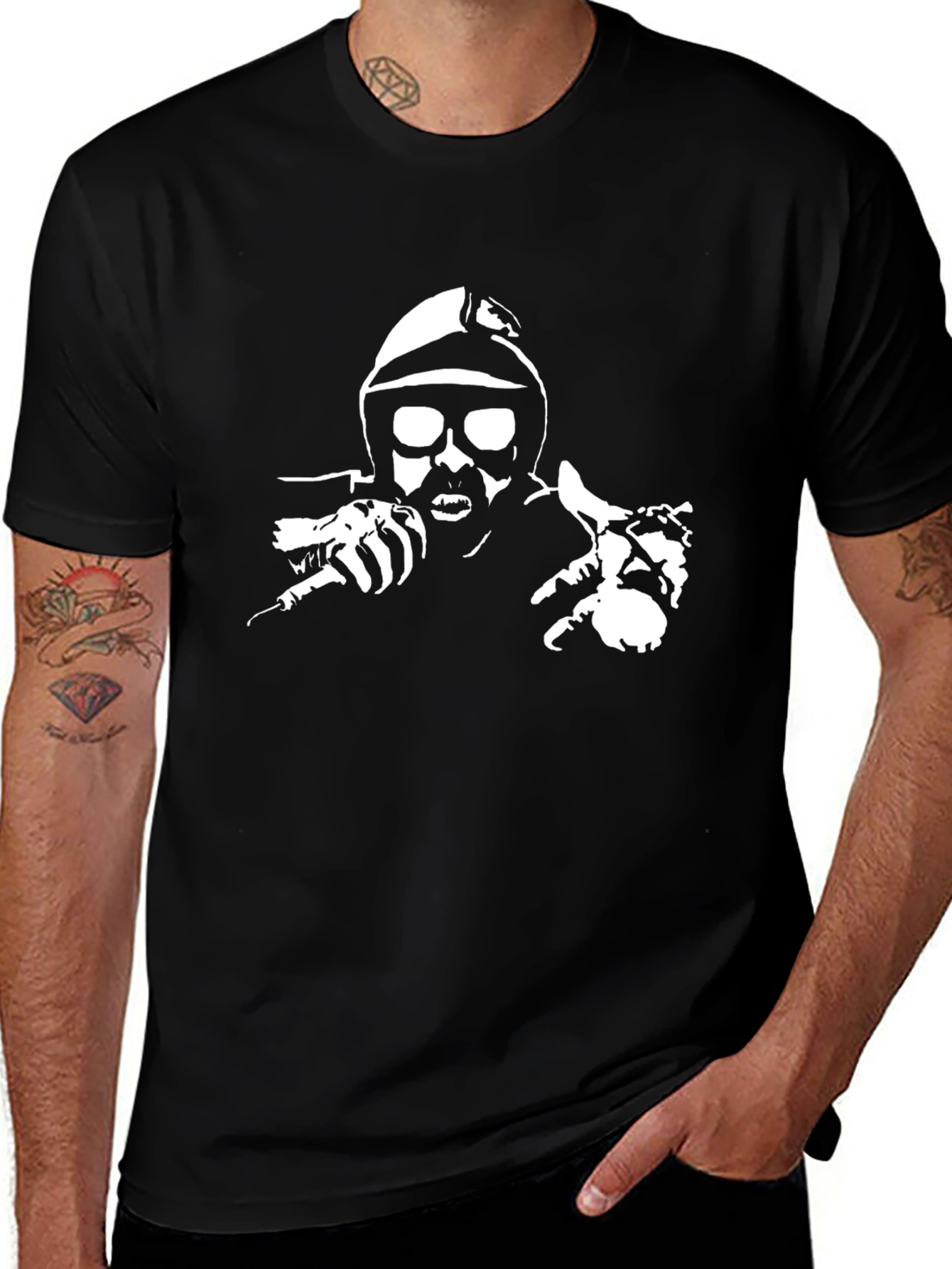 Variant 6 of Graphic Black T-Shirt - Man with Helmet and Mic