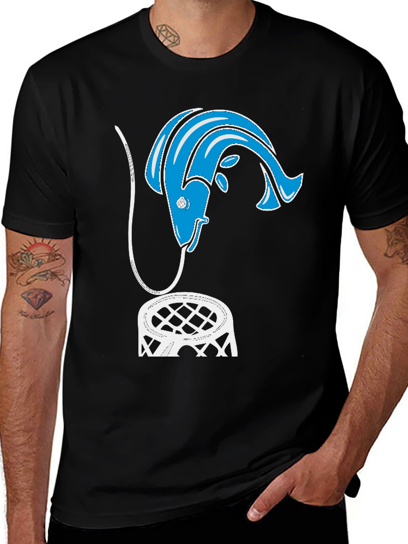 Variant 18 of Black T-Shirt with Fishing Hook Fish & Net Design