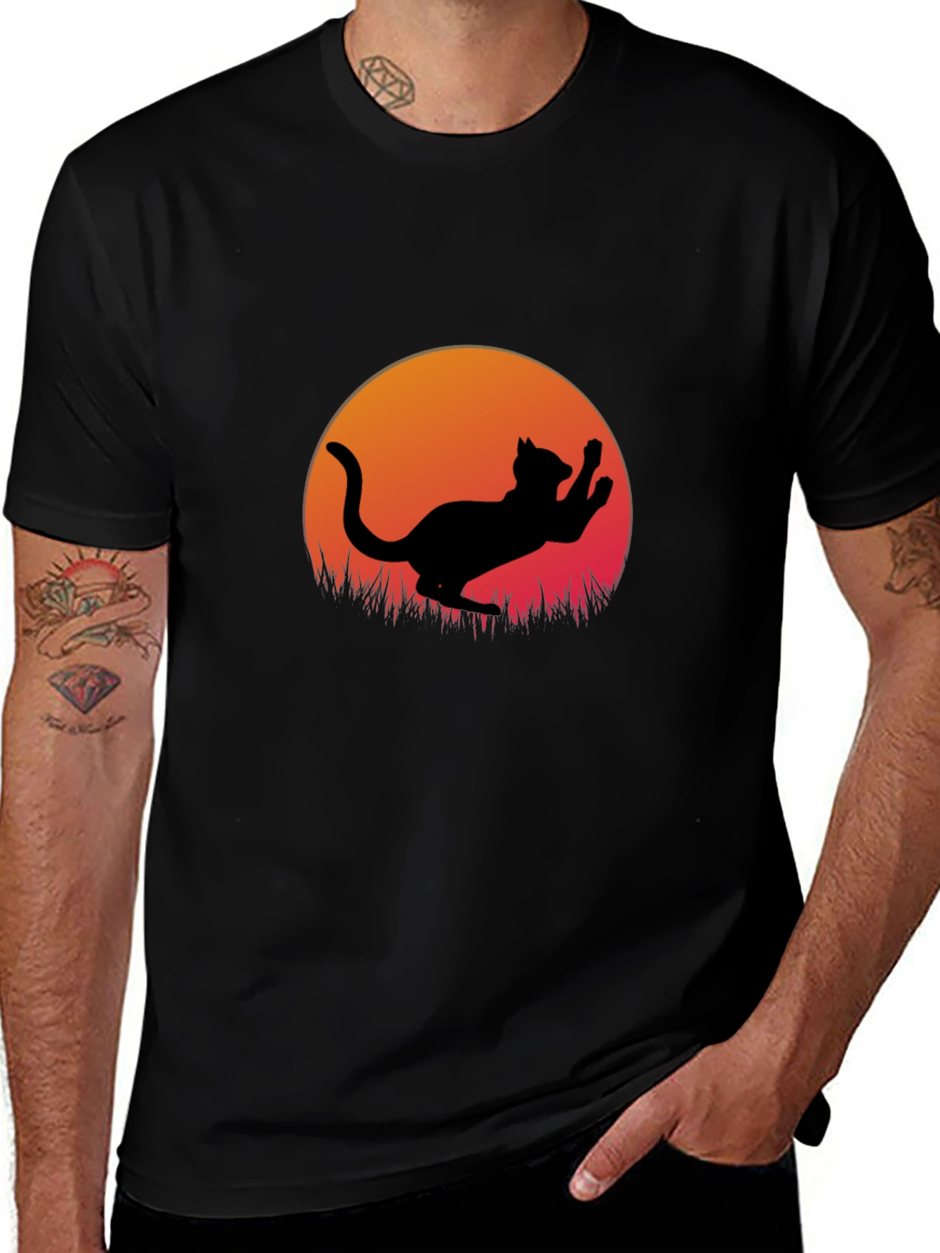 Variant 20 of Cat Silhouette Sunset Graphic Tee - Black Cotton Blend