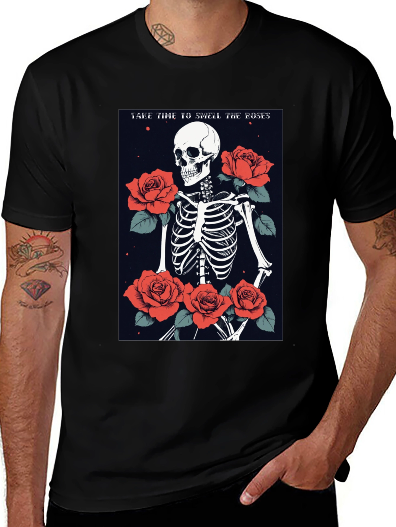 Variant 12 of Skeleton & Roses Graphic T-Shirt - Time to Smell the Roses!