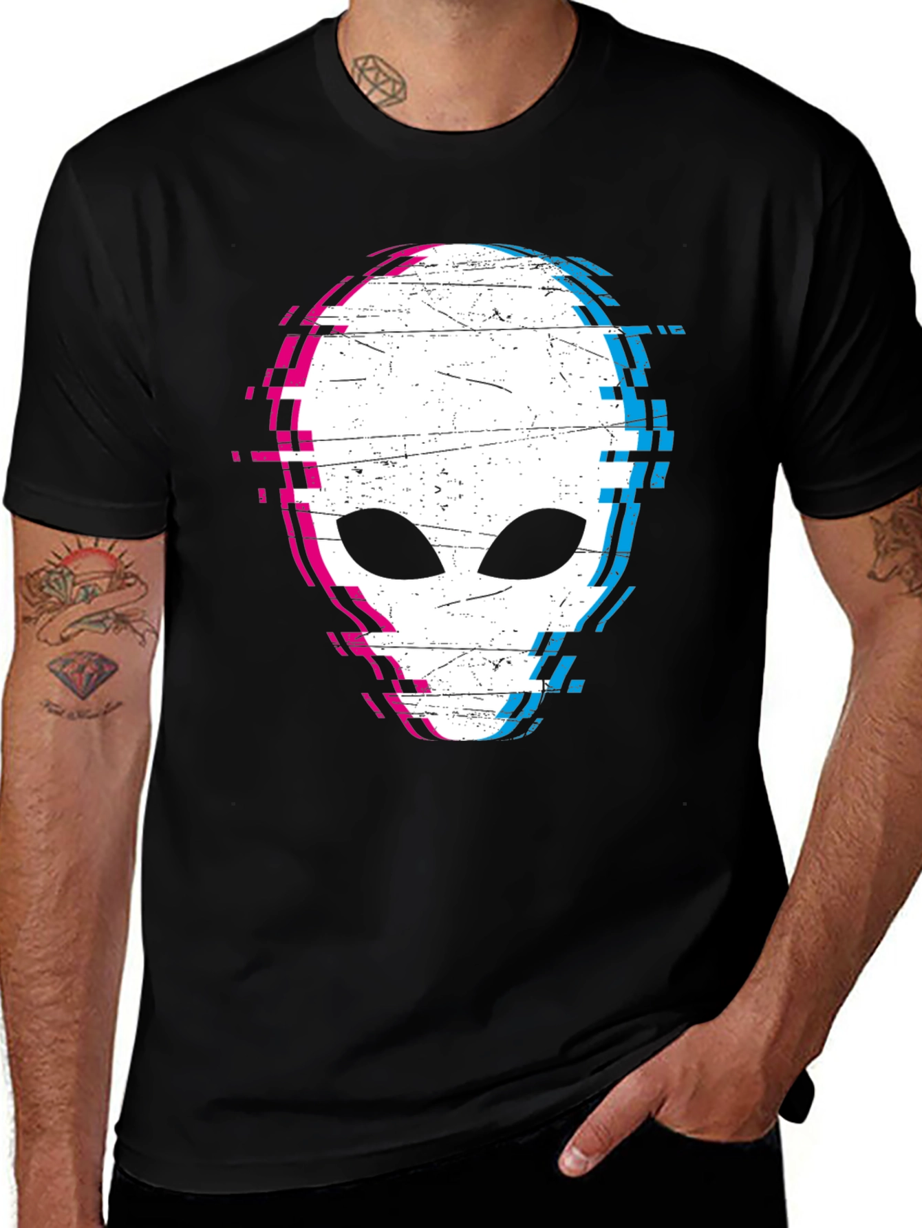 Variant 17 of Glitch Alien Graphic Tee - Black Cotton Blend Shirt