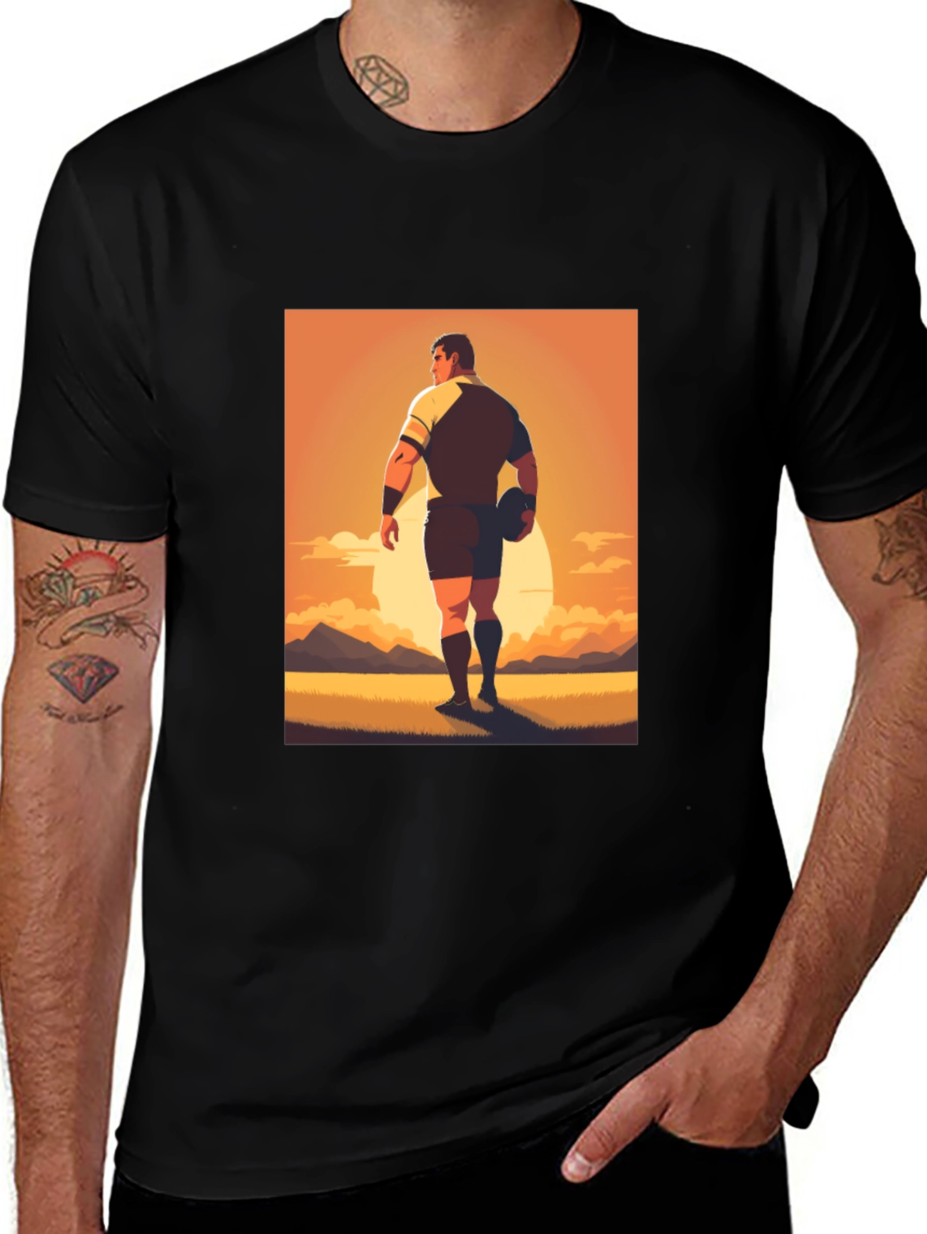 Variant 30 of Rugby Player Graphic Tee - Black Cotton Shirt