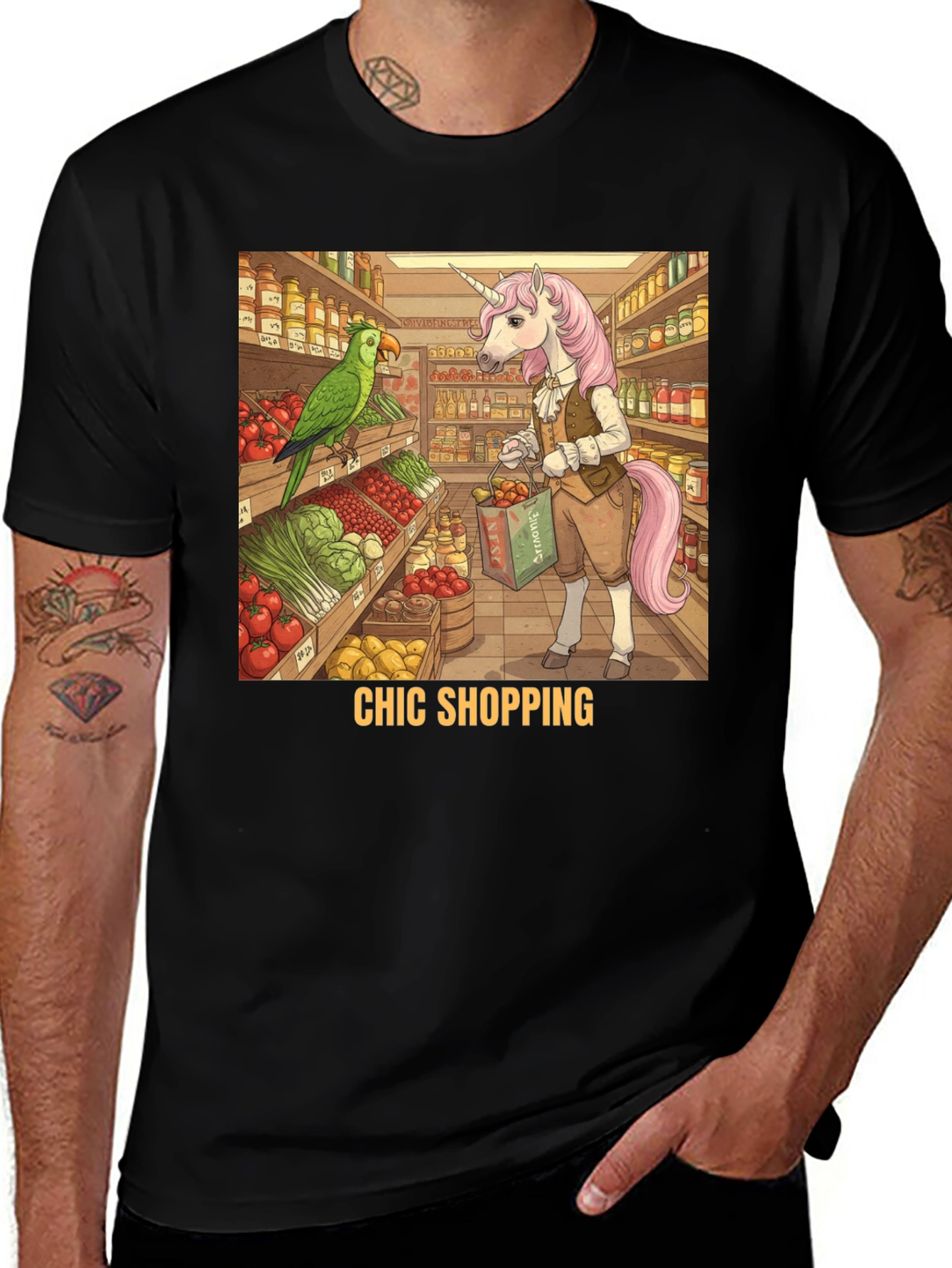 Chic Shopping Tee - Unicorn & Parrot Grocery Run