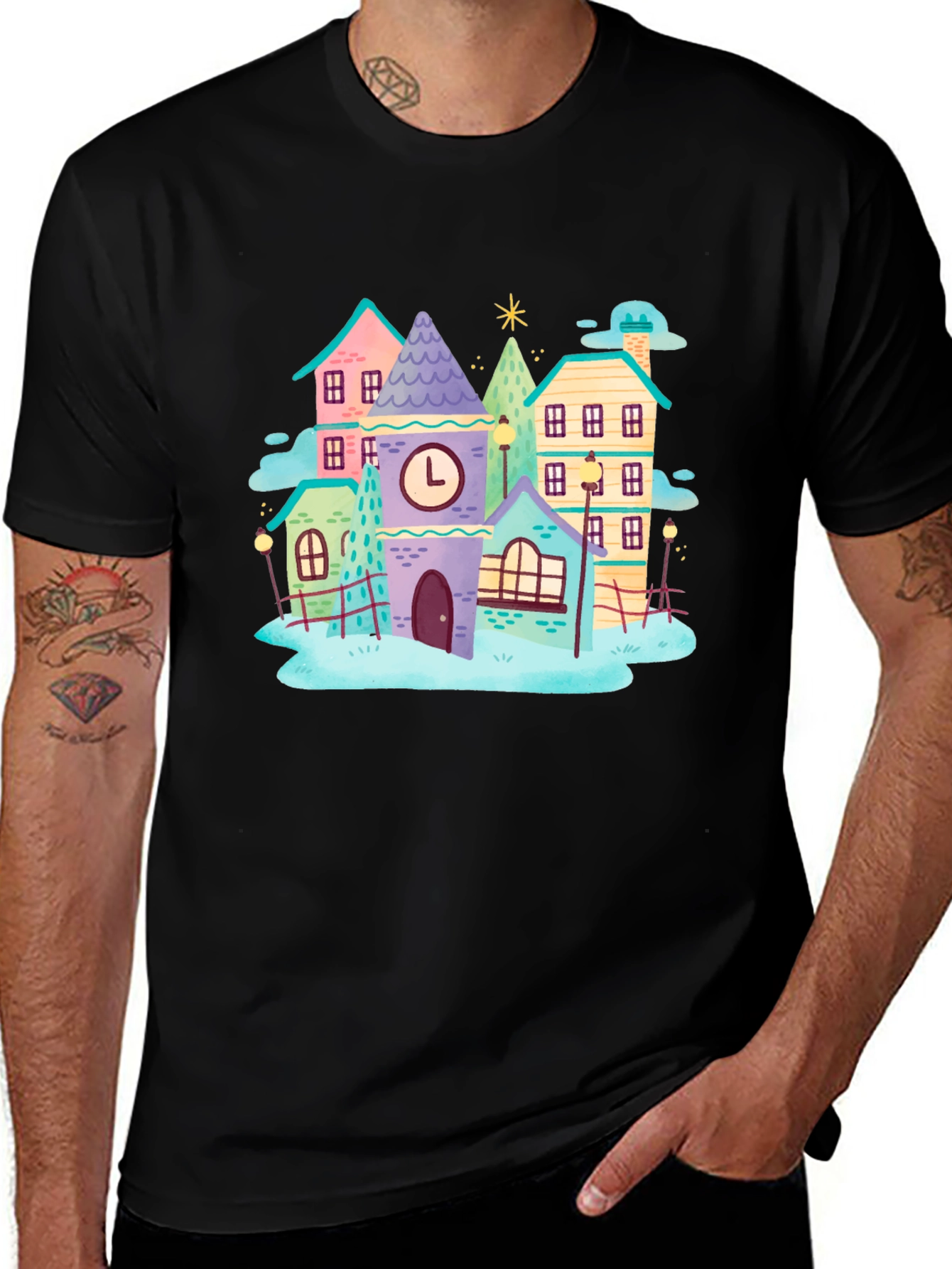 Variant 29 of Whimsical Village Graphic Tee - Soft Black Cotton