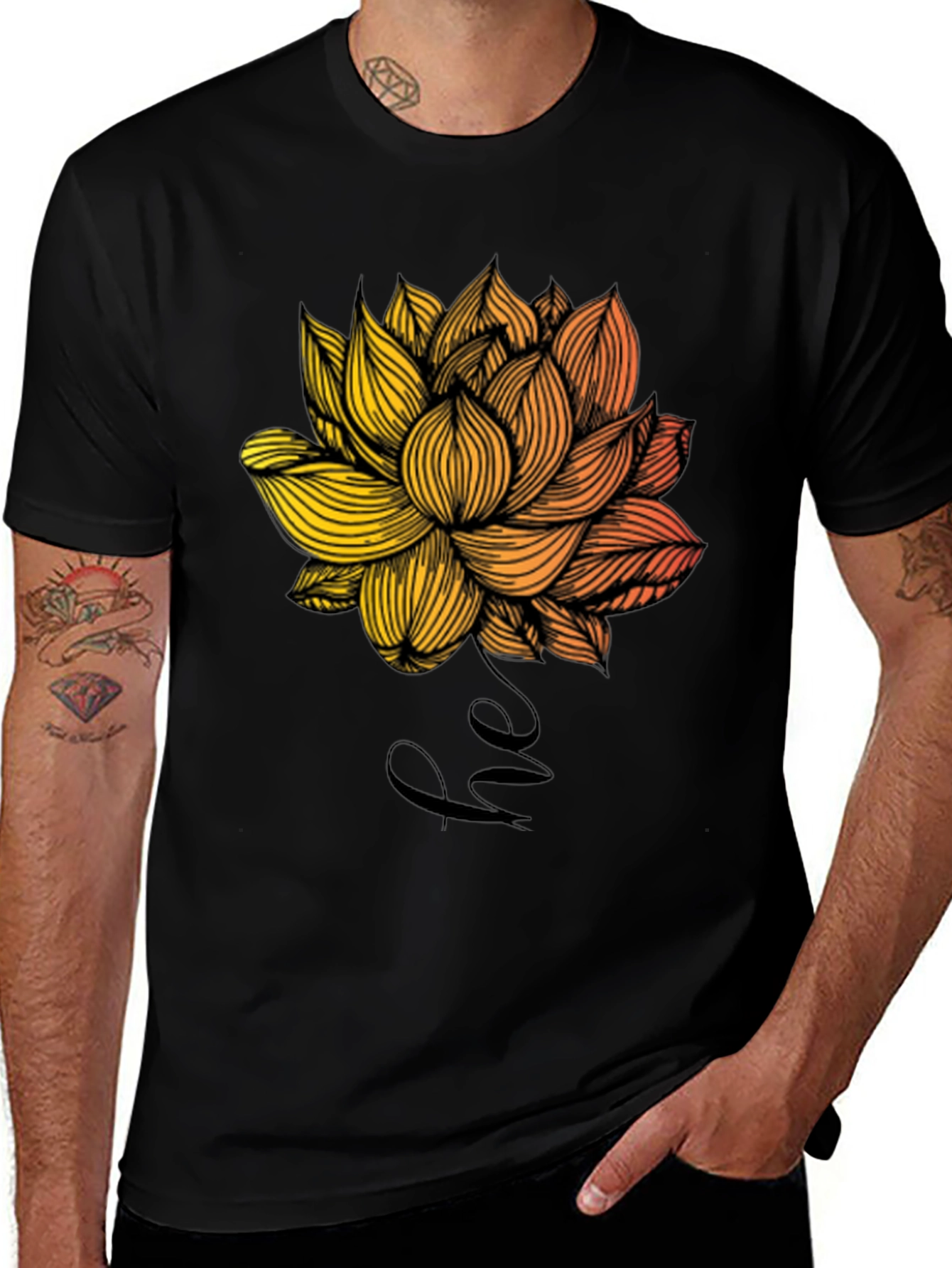 Variant 20 of Floral Lotus Graphic Print Men's Black T-Shirt