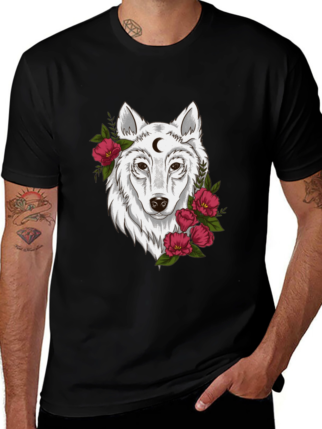 Variant 13 of Wolf and Moon Graphic Tee - Black Cotton Blend