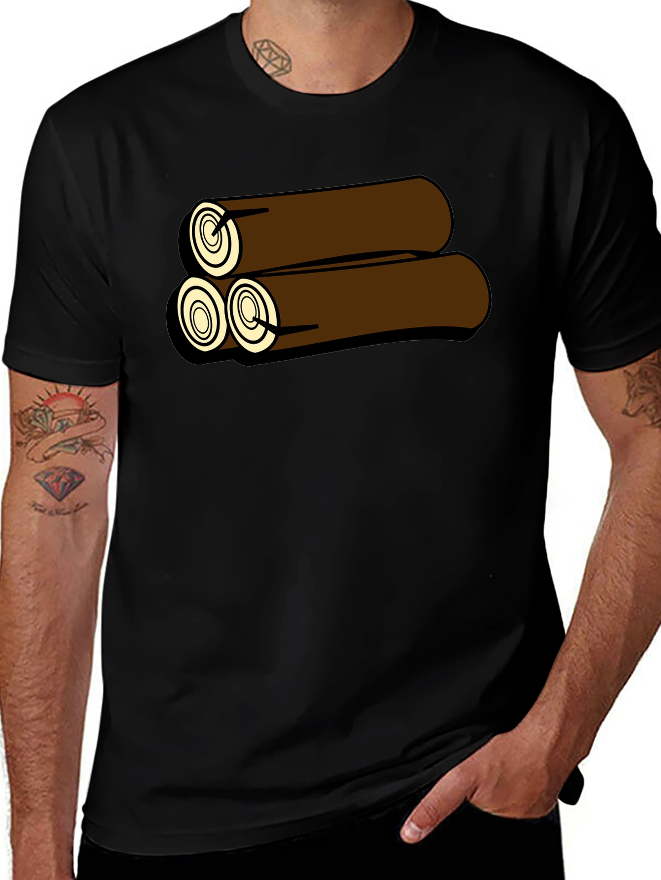 Cartoon Log Pile Graphic Tee - Black Cotton
