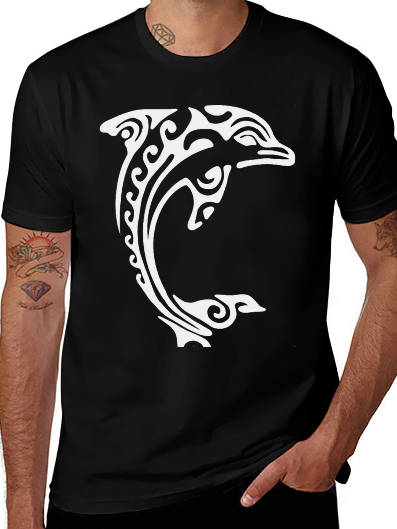 Variant 13 of Tribal Dolphin Graphic Tee - Black Cotton Comfort