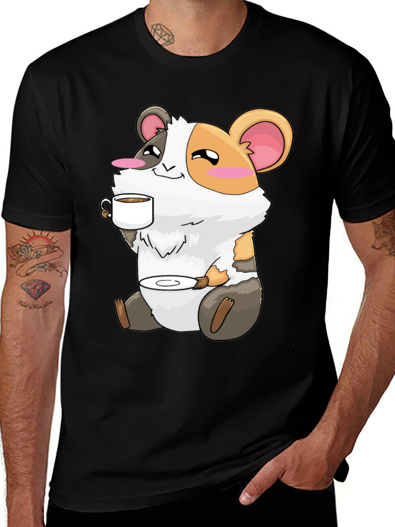 Variant 8 of Cute Hamster Coffee Lover Graphic Tee - Black Cotton Shirt