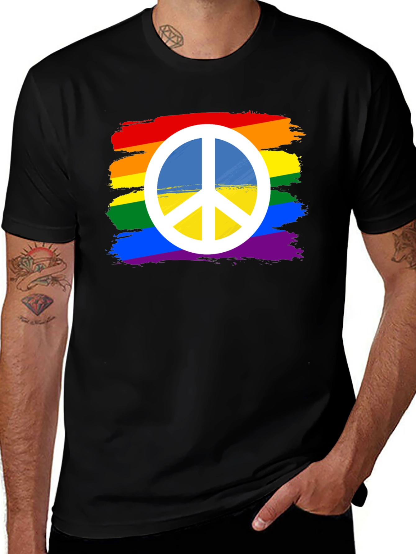 Variant 10 of Rainbow Peace Sign T-Shirt - Black Cotton Blend