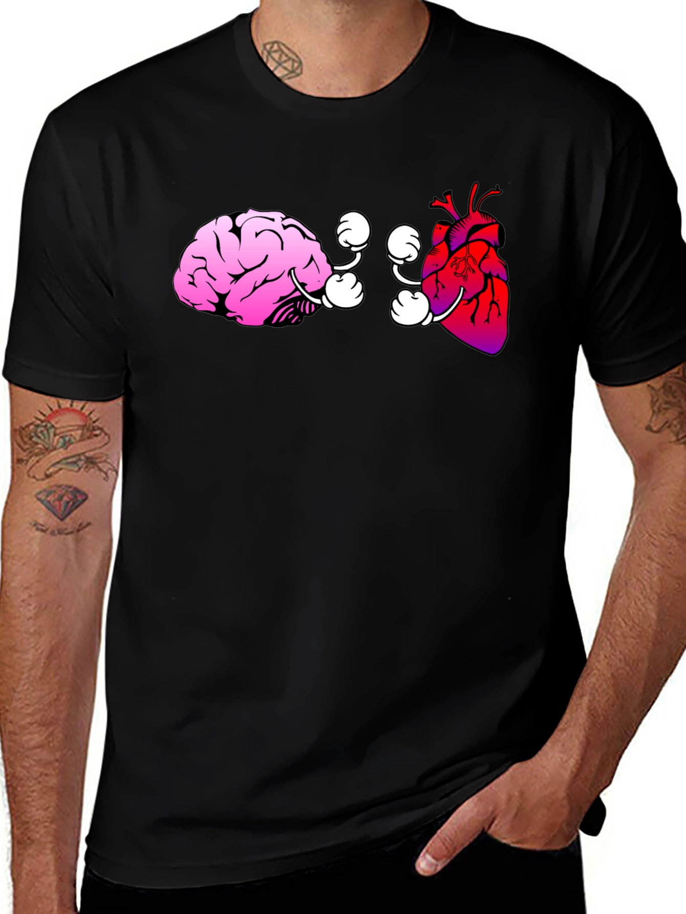 Variant 12 of Brain vs. Heart Graphic Tee - Black Cotton T-Shirt