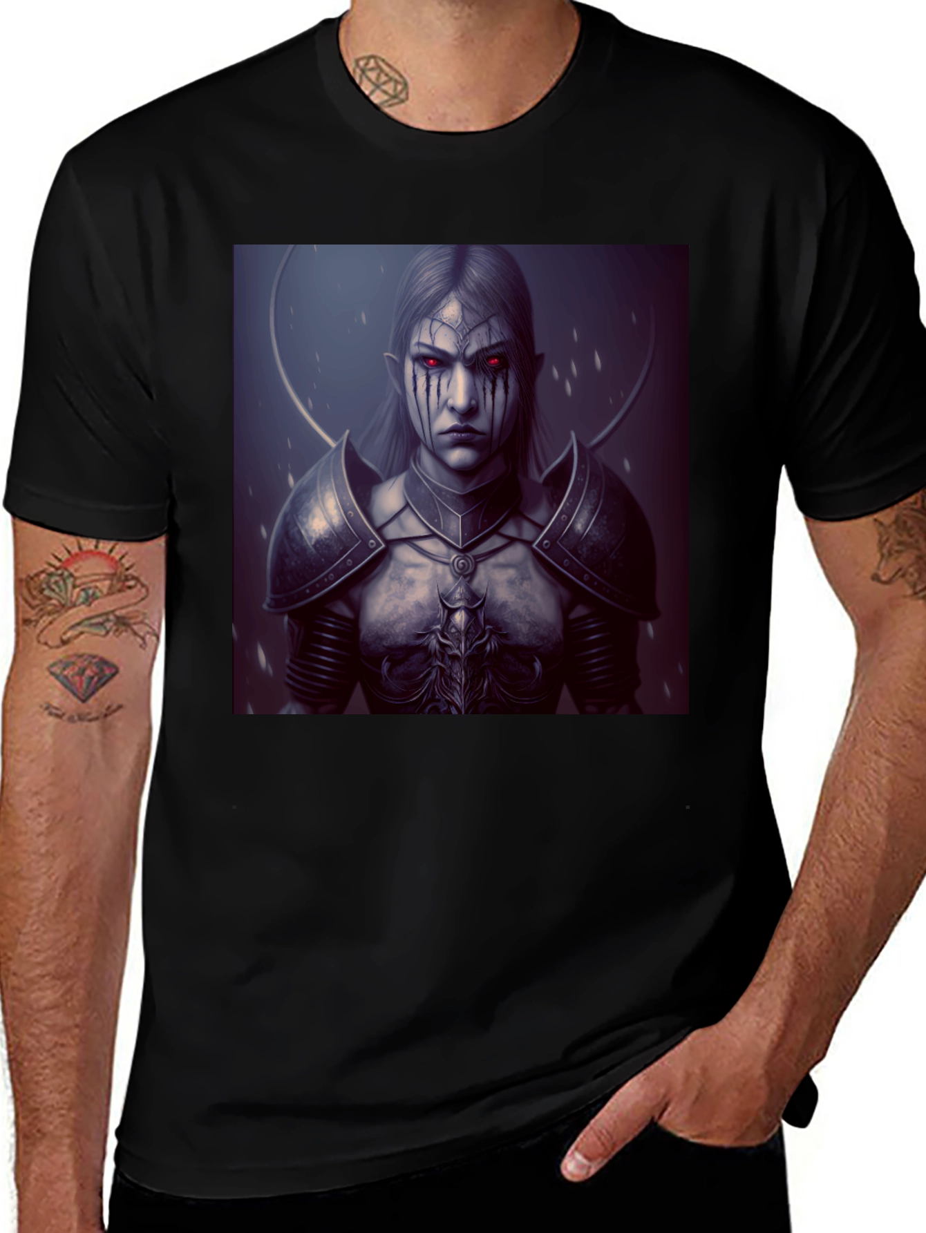 Variant 27 of Dark Elf Warrior Graphic Tee - Black Cotton Shirt