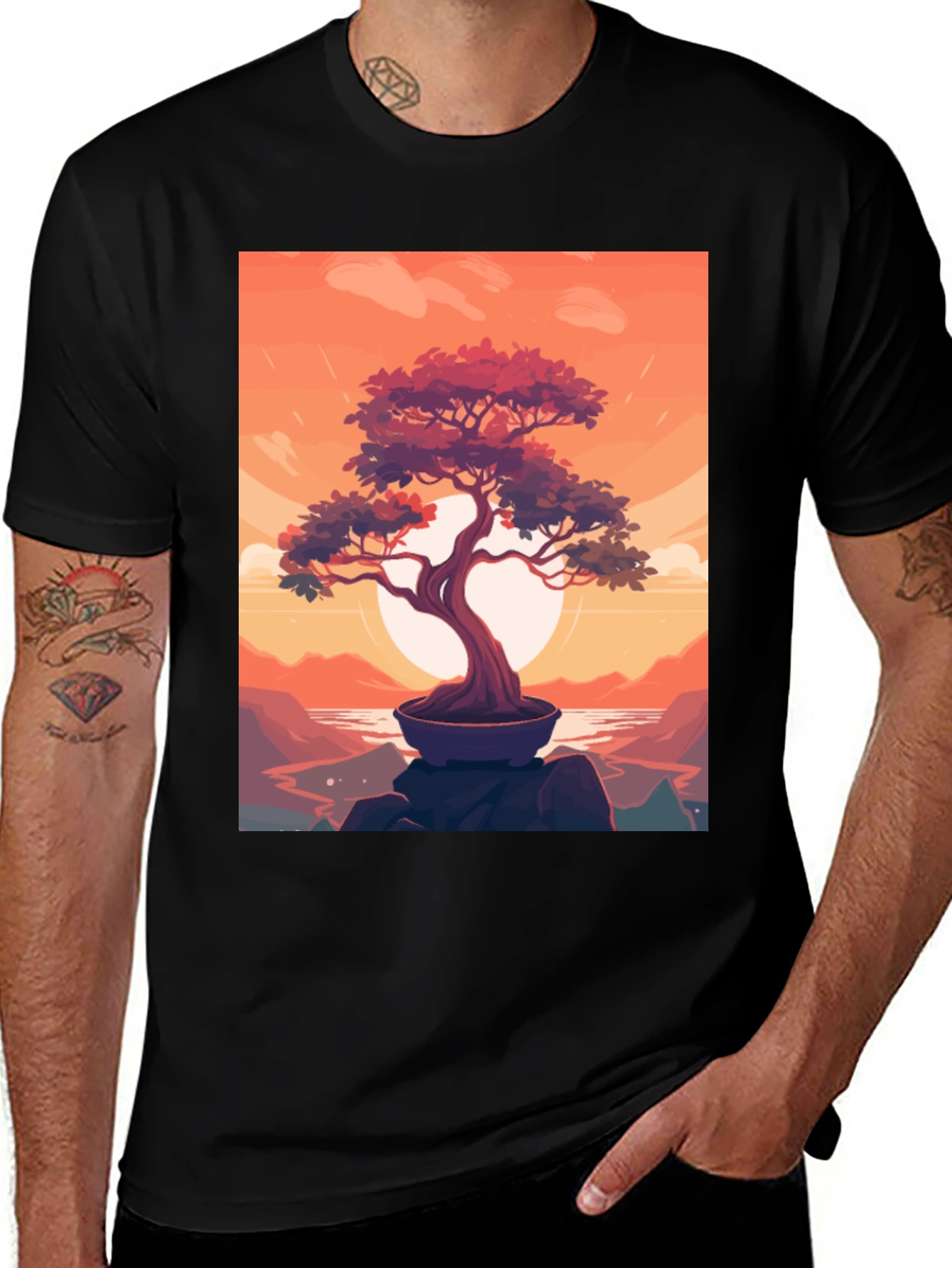 Bonsai Sunset Graphic Tee - Zen Style