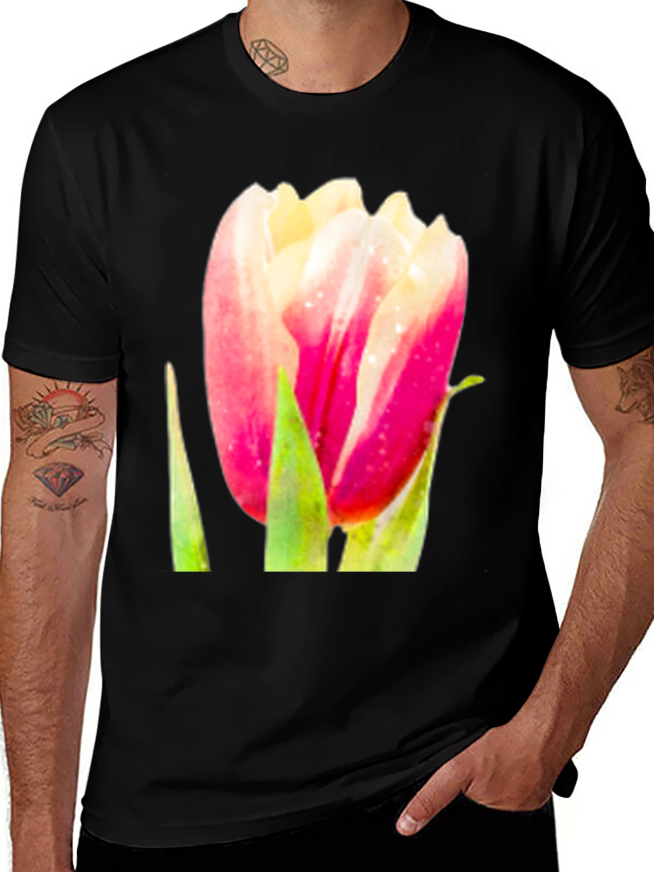 Variant 3 of Floral Tulip Graphic Black T-Shirt