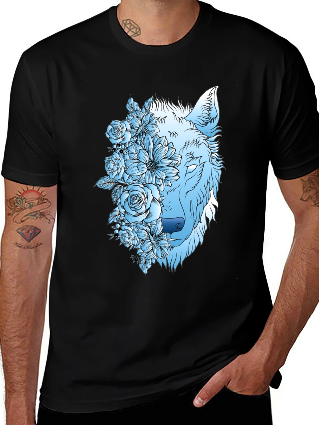 Variant 16 of Floral Wolf Graphic Tee - Trendy Black T-Shirt