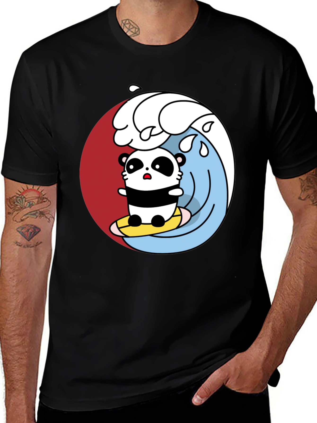 Variant 15 of Cool Panda Surfing Graphic Tee - Black Cotton T-Shirt