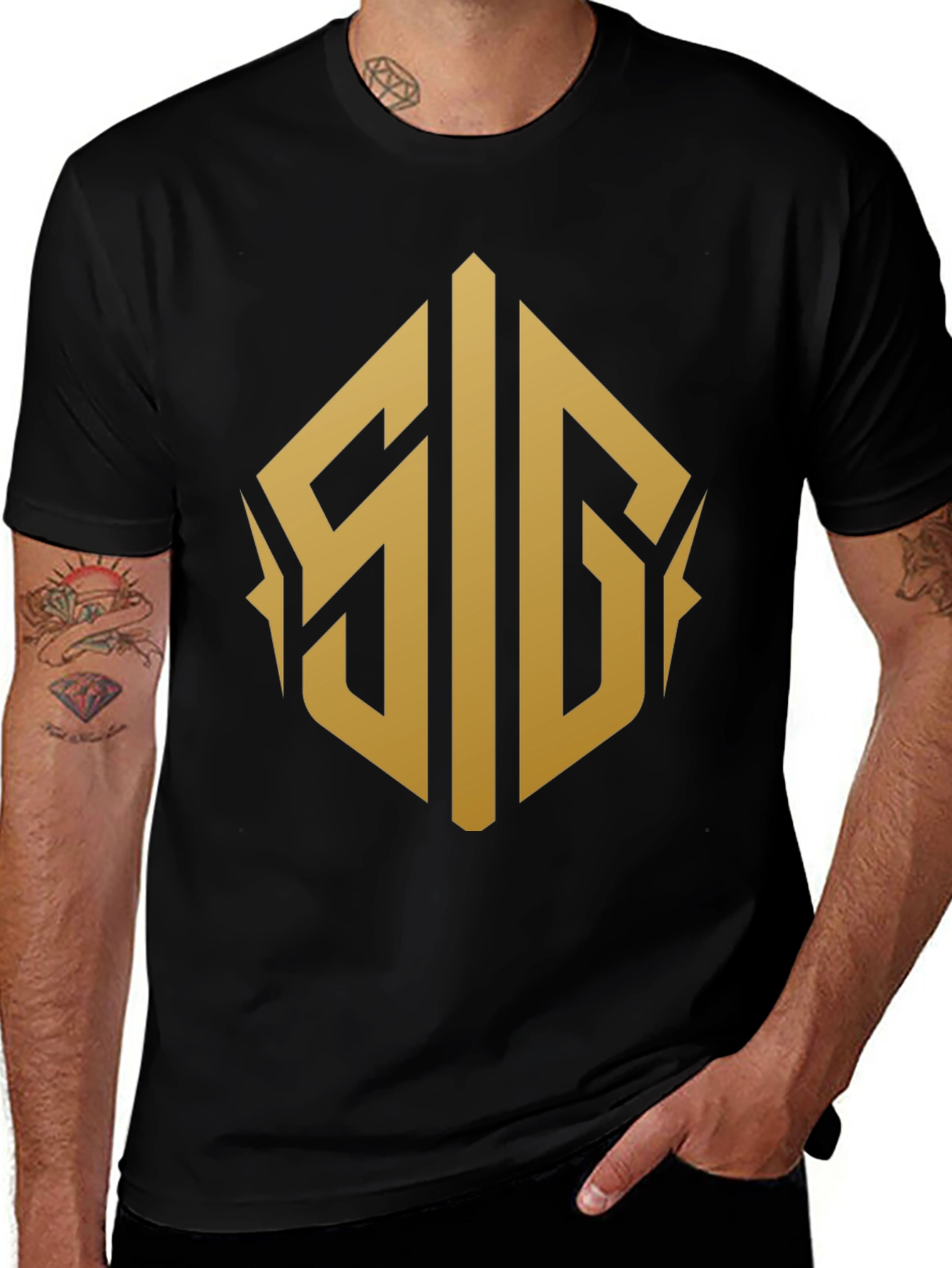 Variant 7 of Black Graphic Tee - Gold Hexagon Initial Design