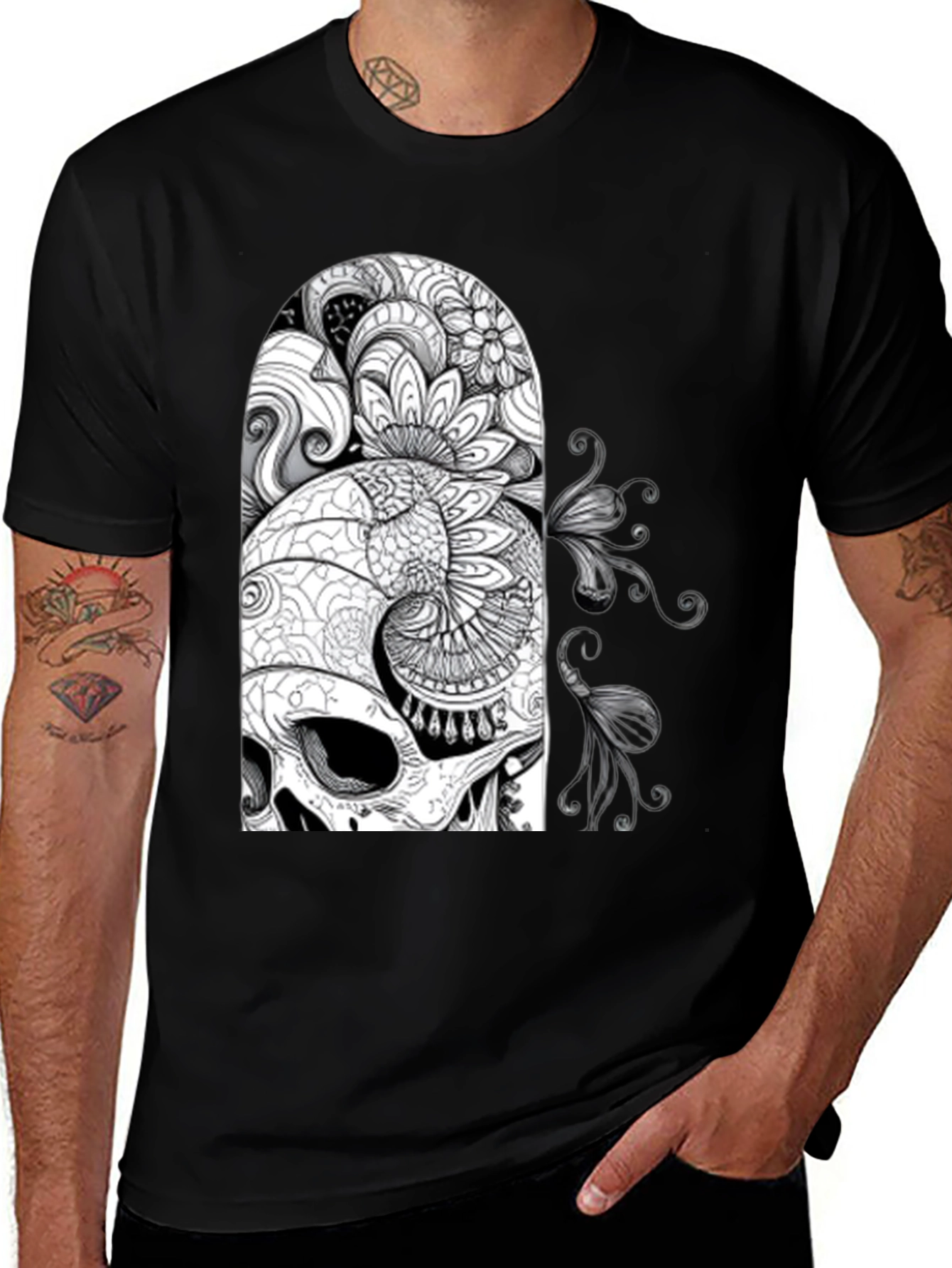 Variant 21 of Floral Skull Graphic Tee - Men's Black T-Shirt