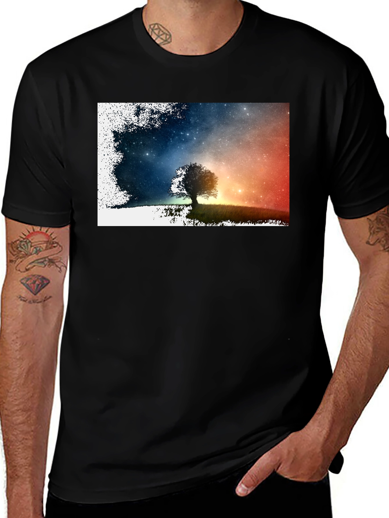 Variant 4 of Night Sky Tree Graphic Tee - Stylish Men's Black T-Shirt