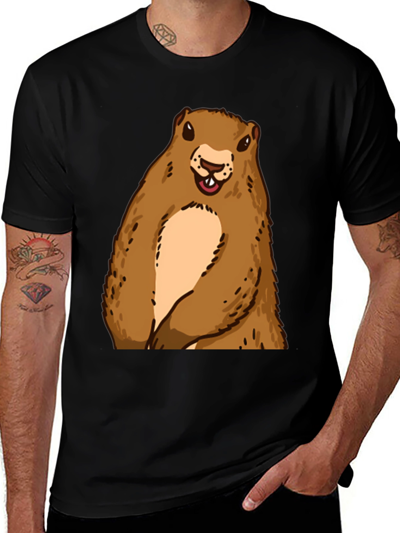 Variant 2 of Cartoon Beaver T-Shirt - Black Cotton Graphic Tee