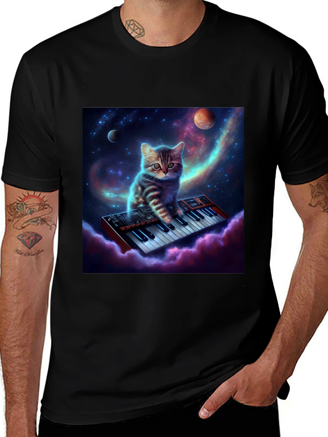 Variant 8 of Cosmic Cat Keyboardist Graphic Tee