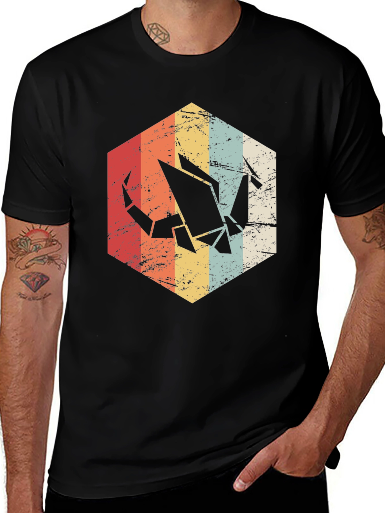 Variant 10 of Retro Origami Crane Graphic Tee - Men's Black T-Shirt