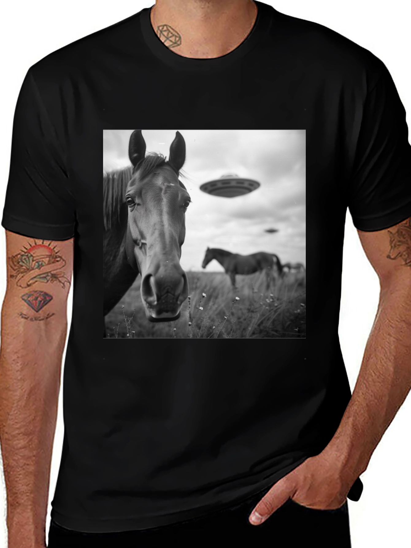 Variant 23 of Horse & UFO Graphic Tee - Black Cotton Shirt