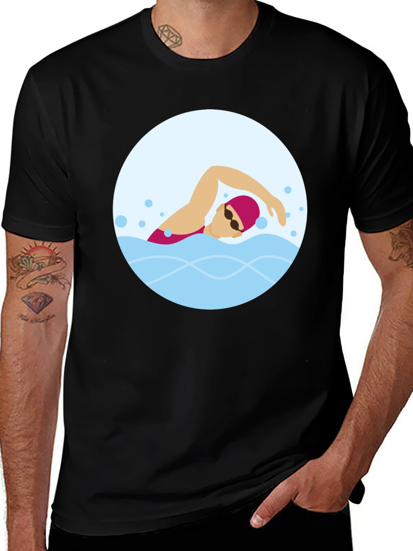 Variant 26 of Swimming Graphic Tee - Black Cotton T-Shirt