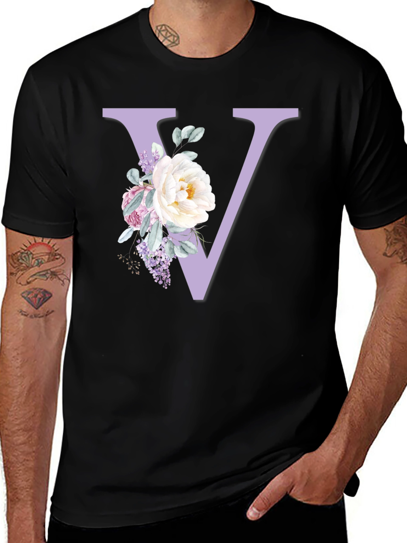 Variant 21 of Floral Letter V Black T-Shirt