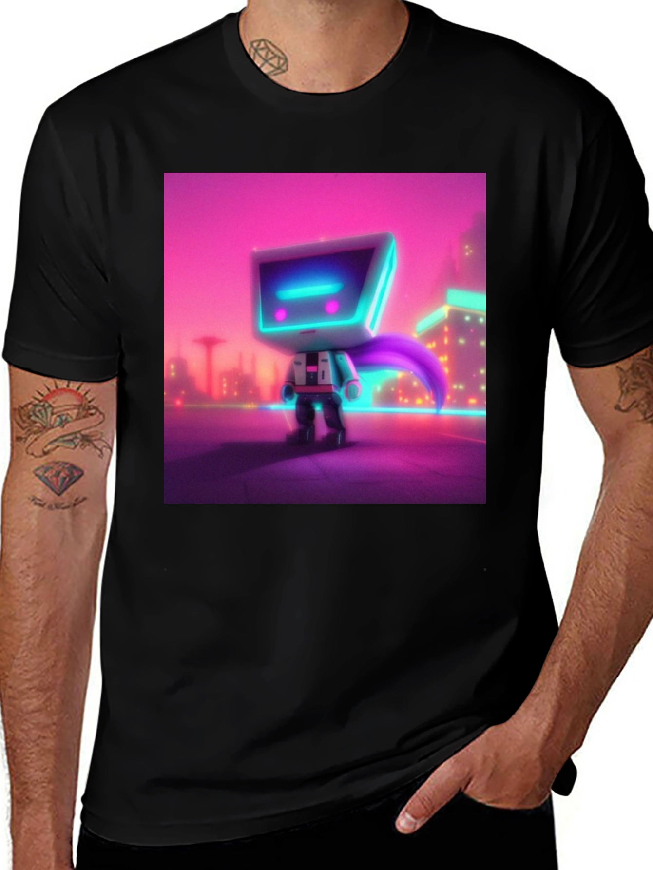 Black Cyberpunk Robot T-Shirt - Neon City Hero main image
