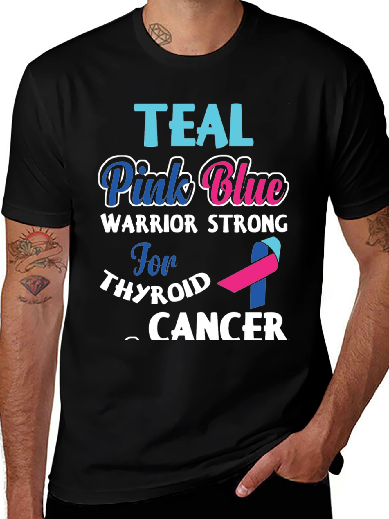 Teal Pink Blue Thyroid Cancer Warrior T-Shirt