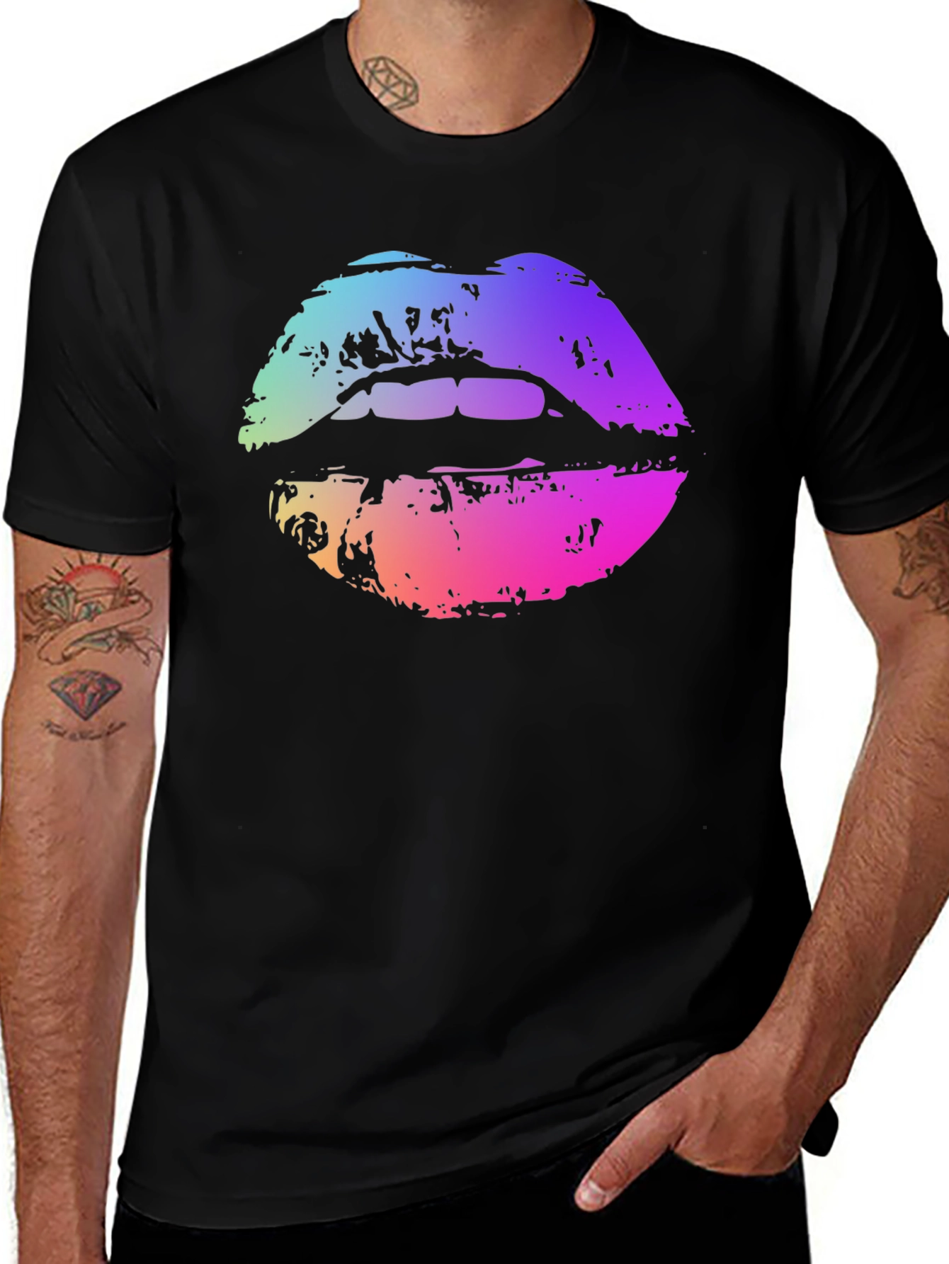 Rainbow Lips Graphic Tee - Stylish Black T-Shirt