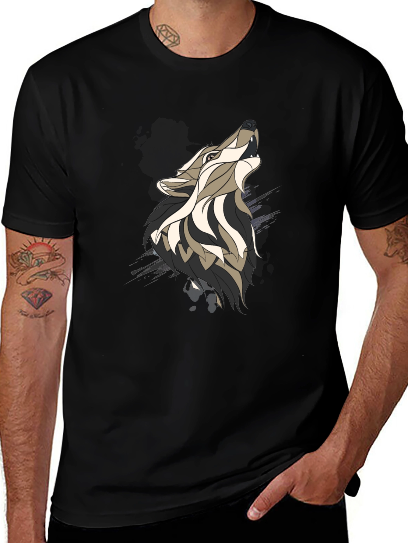 Variant 5 of Wolf Graphic Print Men's Black T-Shirt