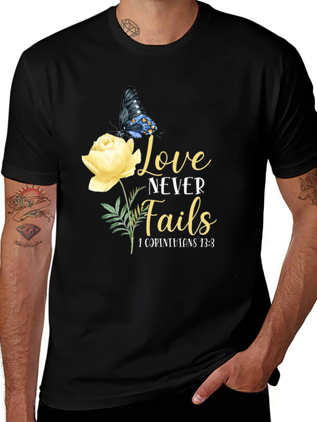 Variant 3 of Love Never Fails T-Shirt, Floral Butterfly Graphic Tee