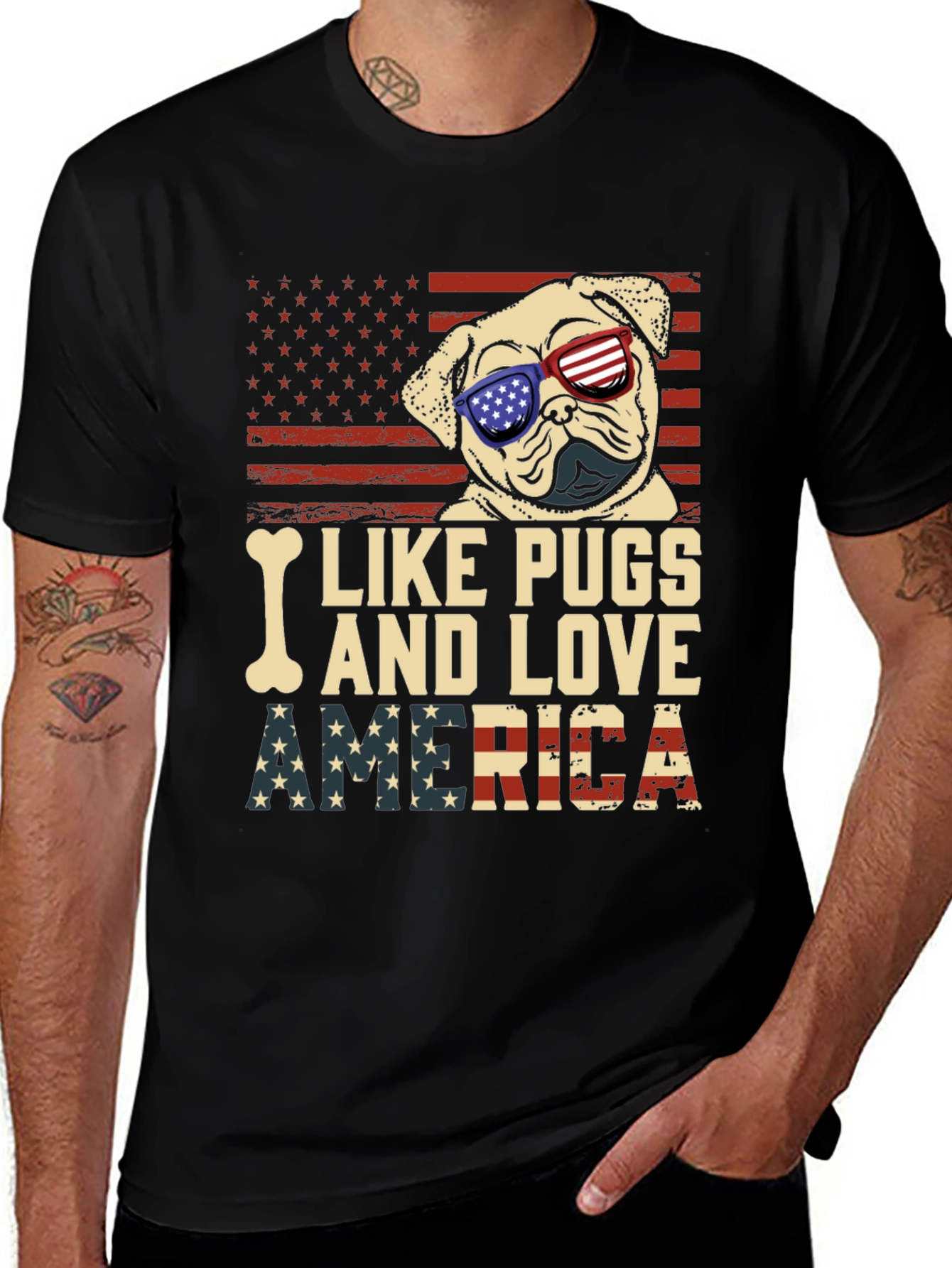 Patriotic Pug T-Shirt - I Like Pugs And Love America