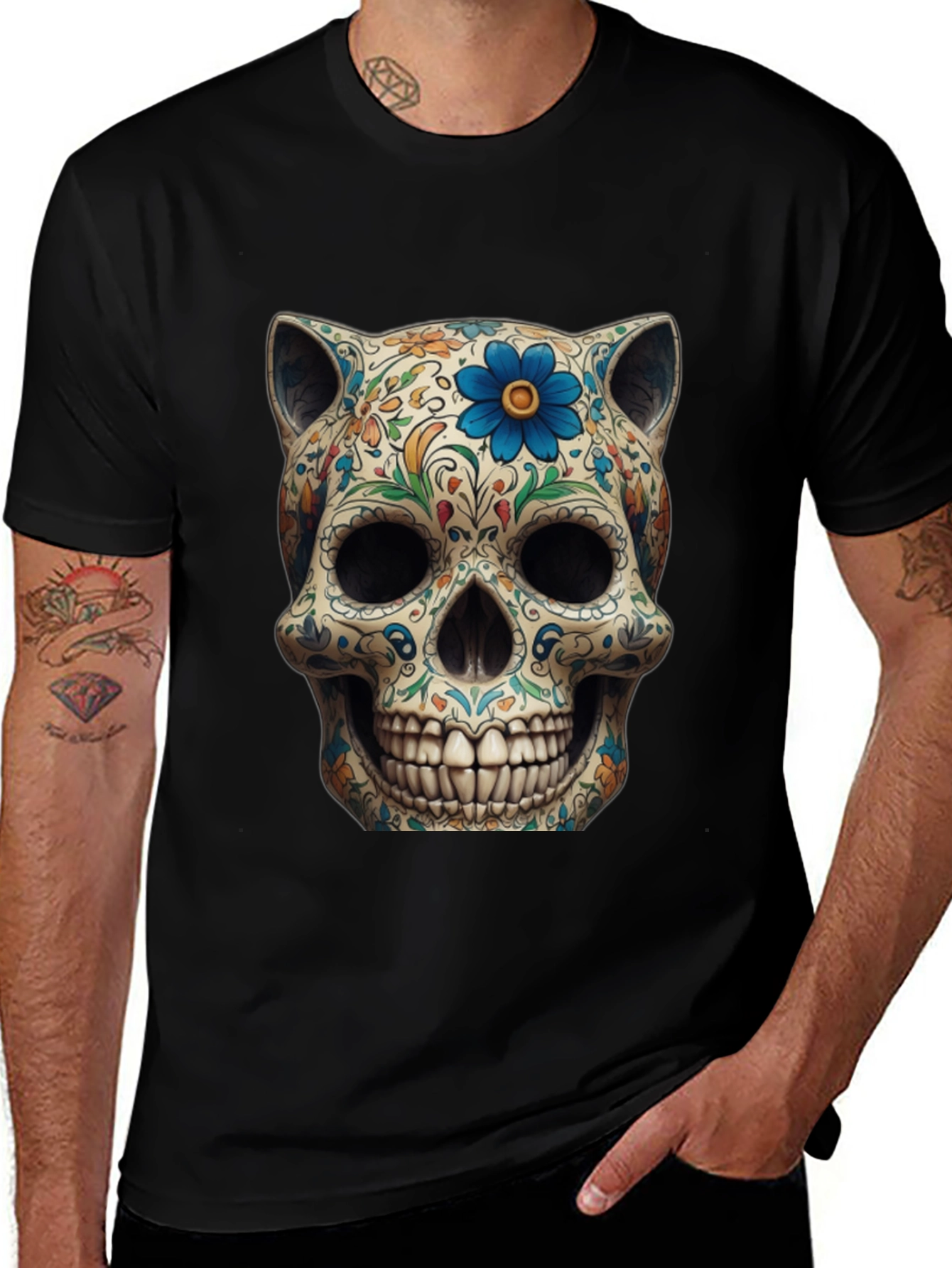 Variant 22 of Sugar Skull Cat T-Shirt - Day of the Dead Style