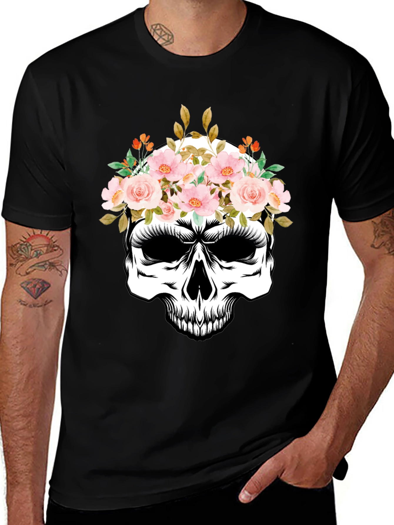 Variant 18 of Floral Skull Graphic Tee - Black Cotton T-Shirt