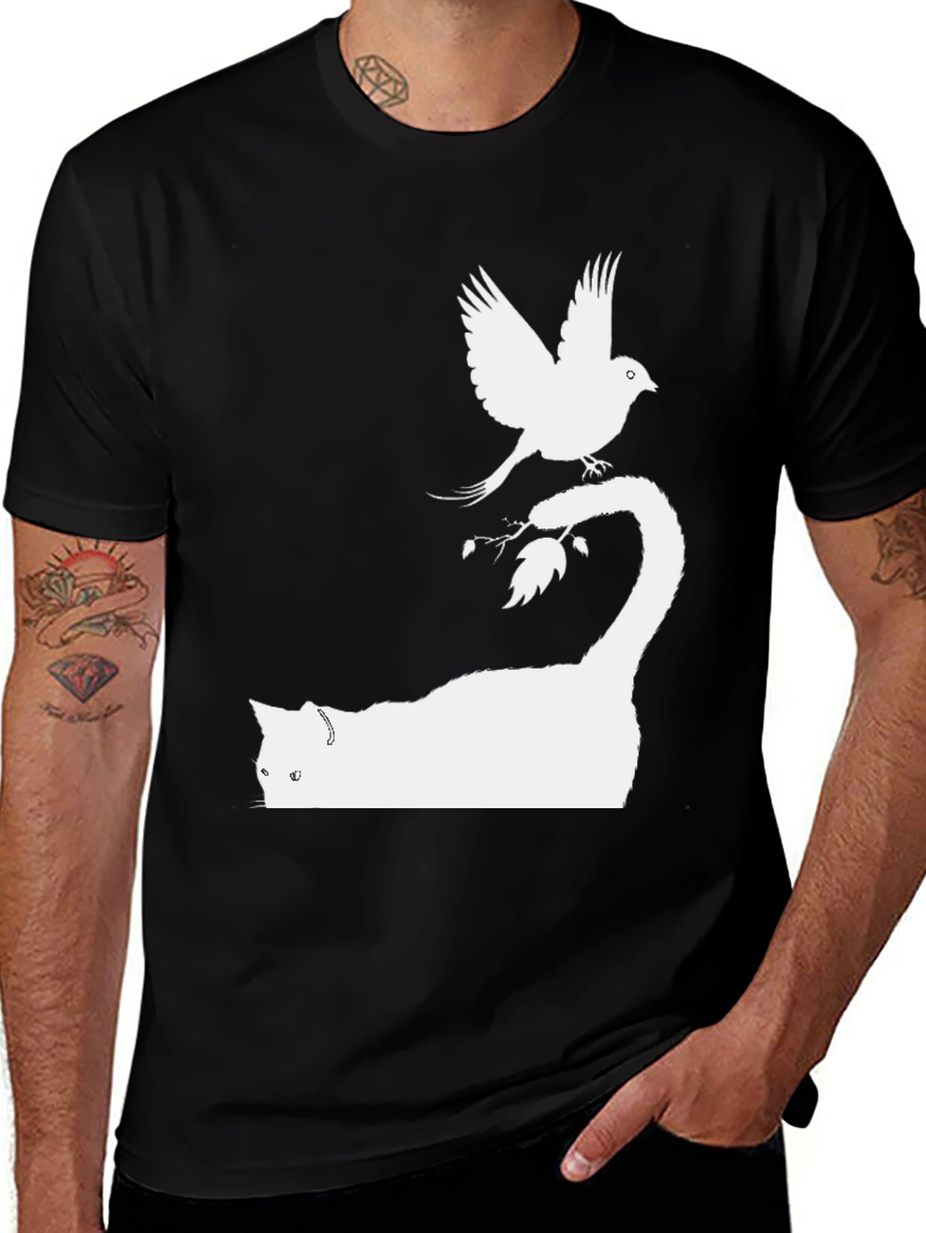 Variant 22 of Cat & Bird Graphic Tee - Black Cotton Shirt
