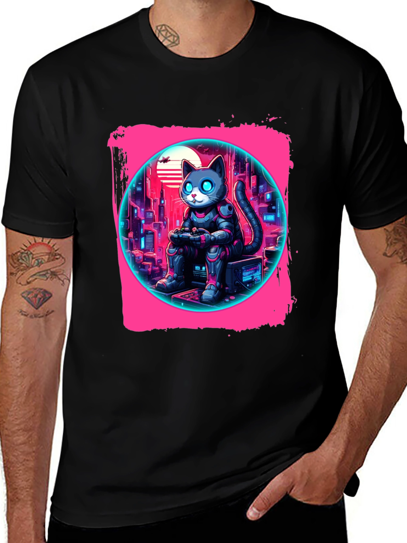 Variant 3 of Cyberpunk Gamer Cat T-Shirt - Retro Style Tee
