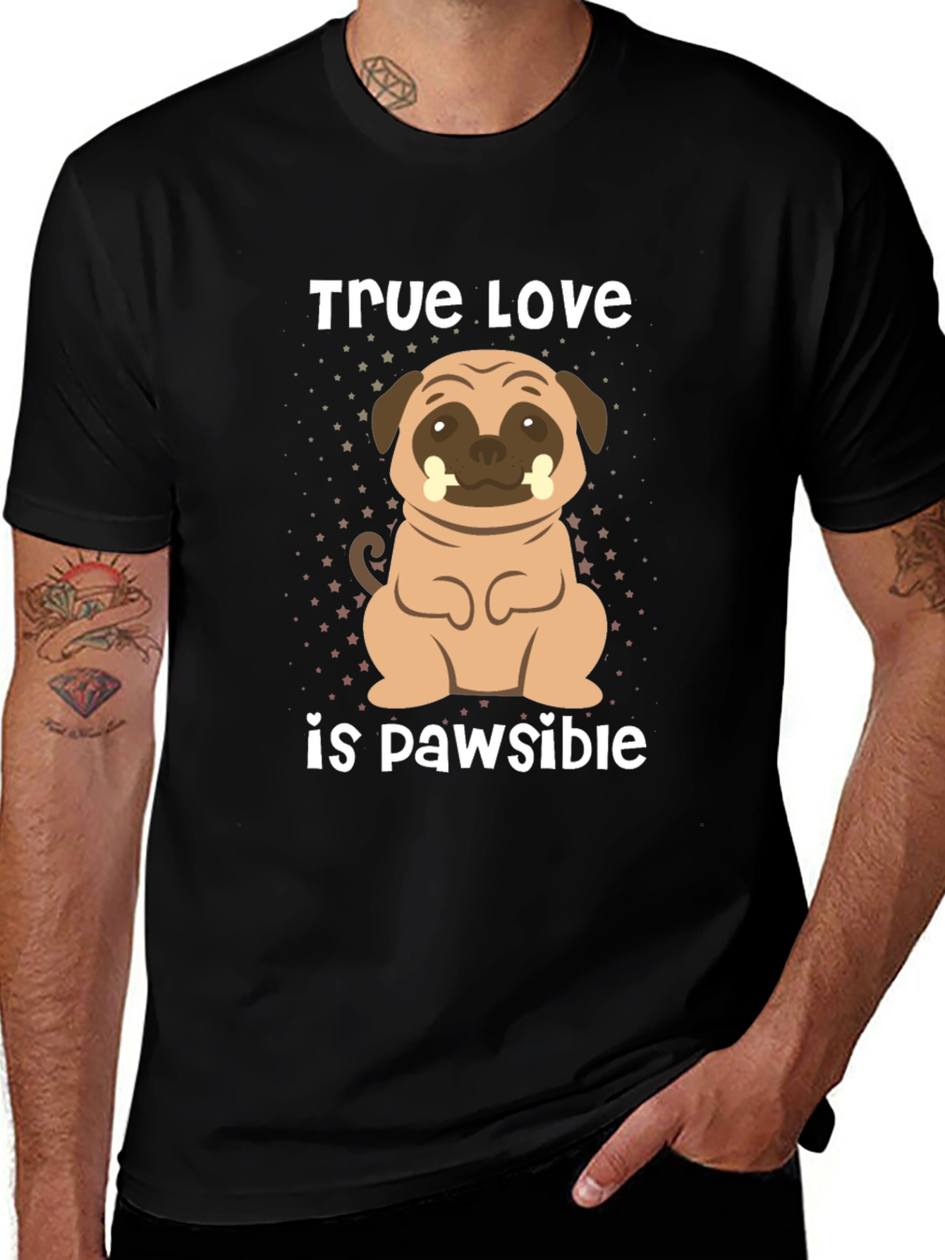 Black True Love is Pawsible Pug T-Shirt main image