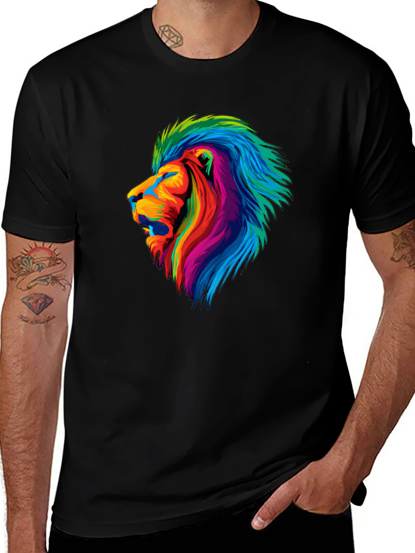 Variant 7 of Vibrant Lion Graphic Tee - Men's Black T-Shirt