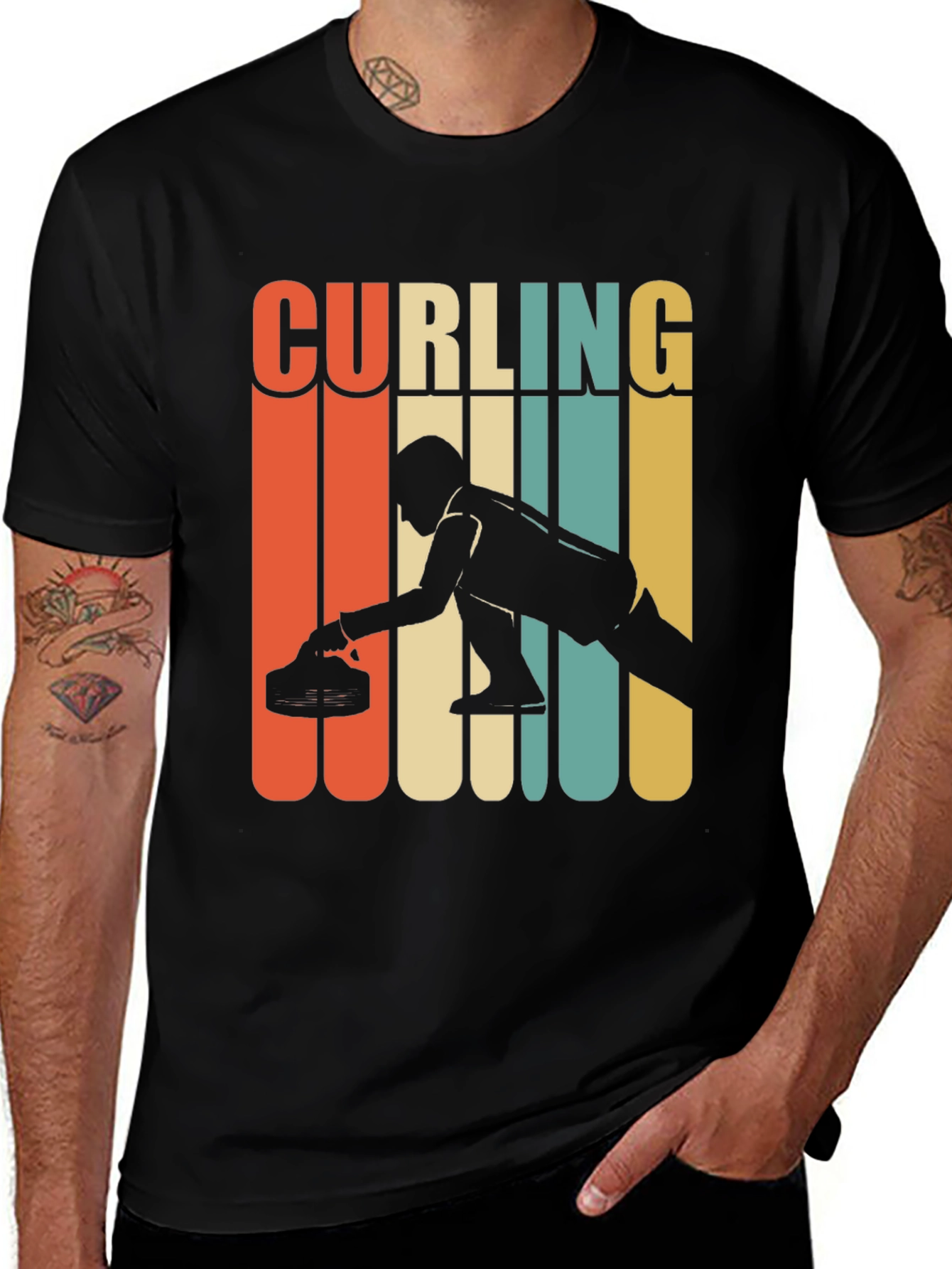 Variant 28 of Curling Retro Style Graphic T-Shirt - Black