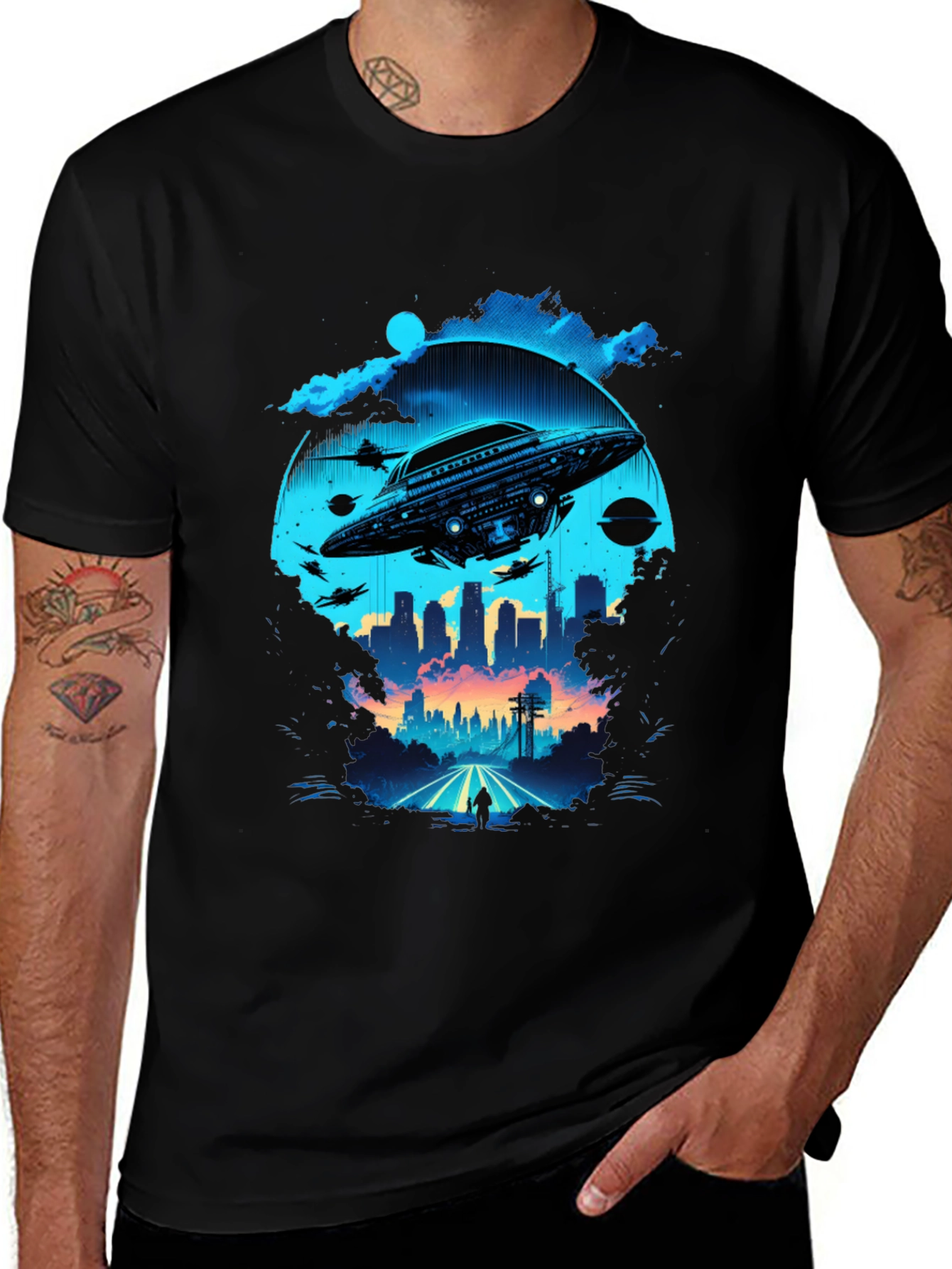 Variant 23 of UFO Cityscape Graphic Tee - Sci-Fi T-Shirt