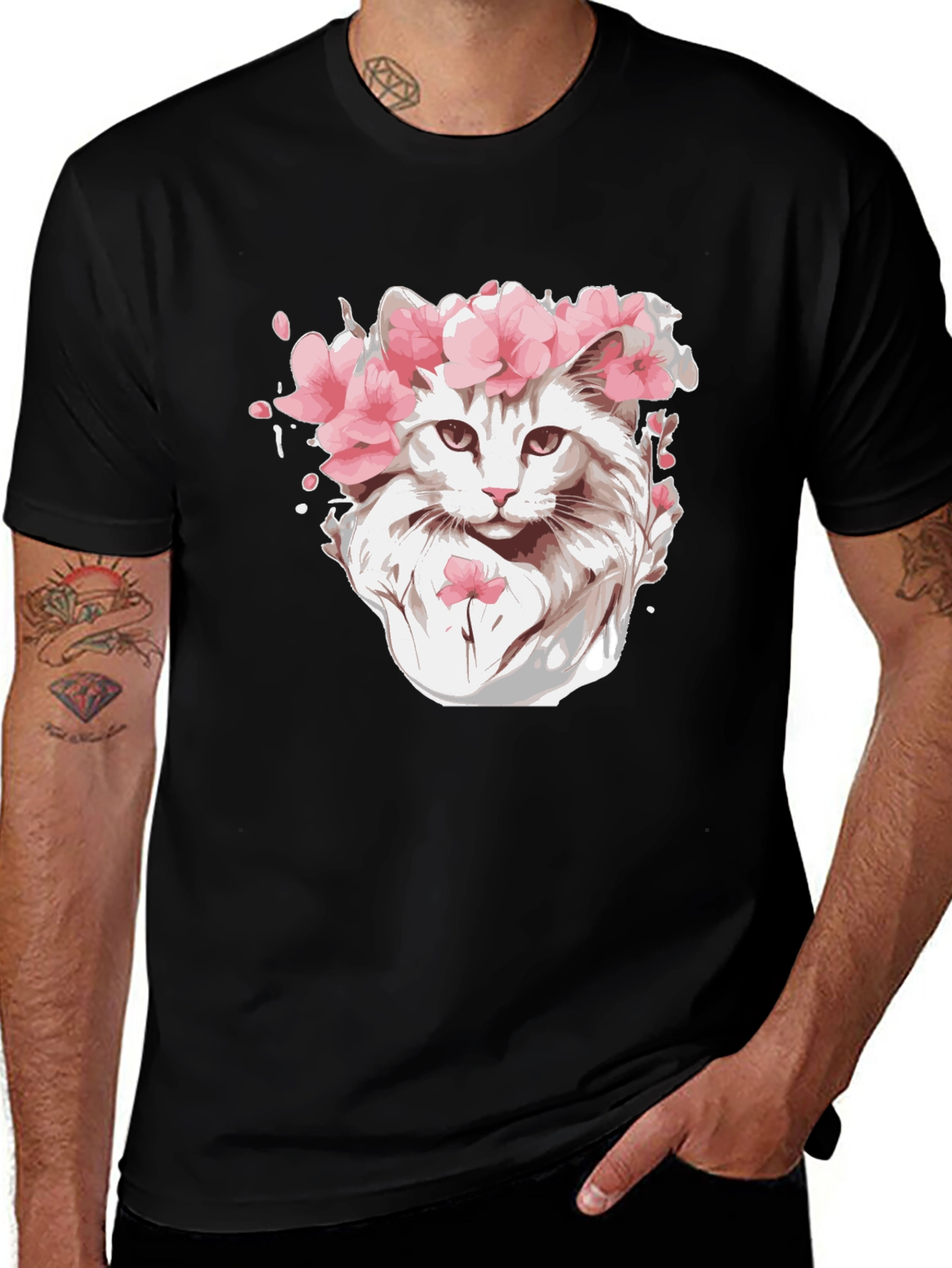 Variant 4 of Cat with Flower Crown Black T-Shirt
