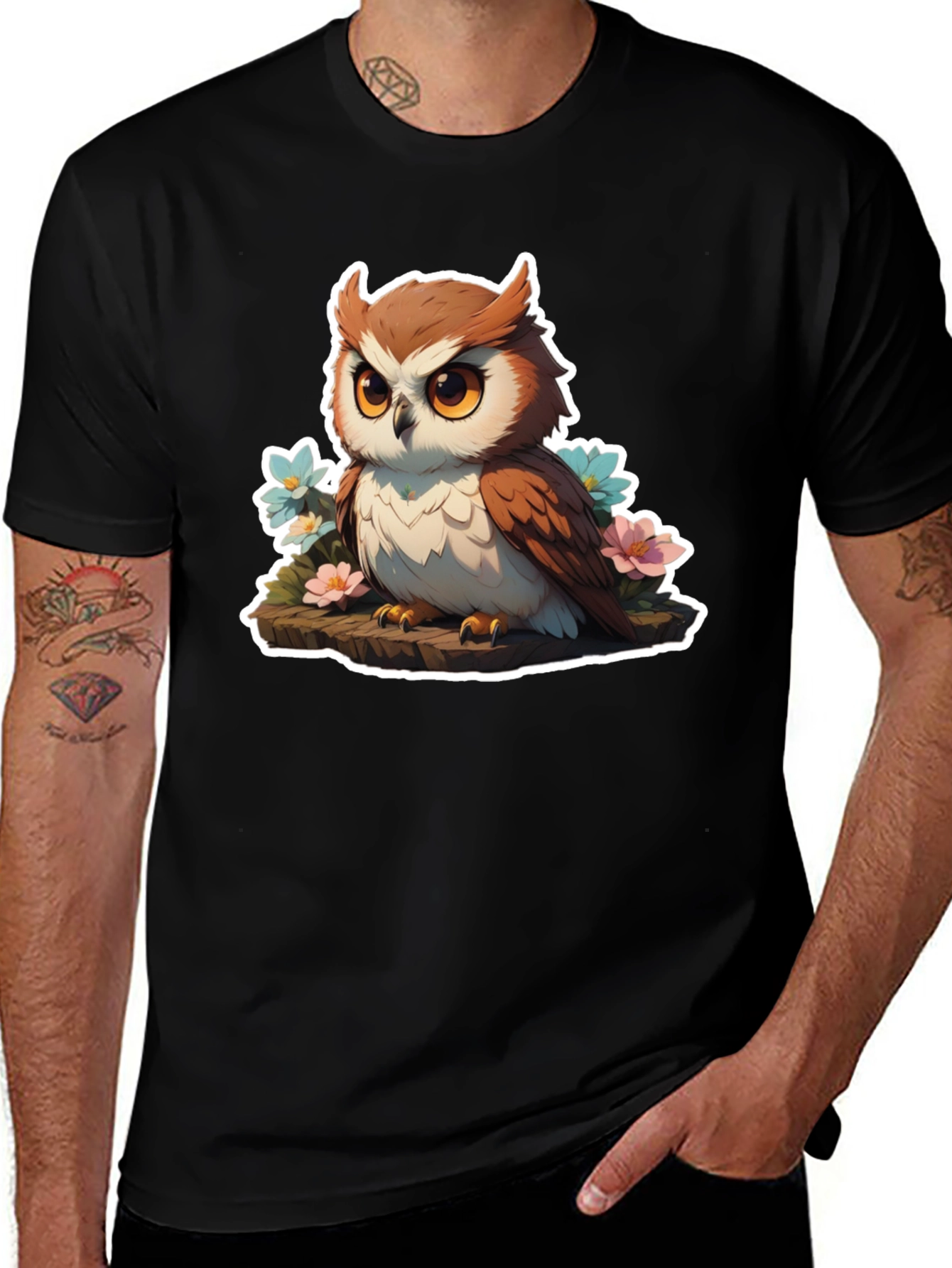 Variant 10 of Cute Owl with Flowers Black T-Shirt