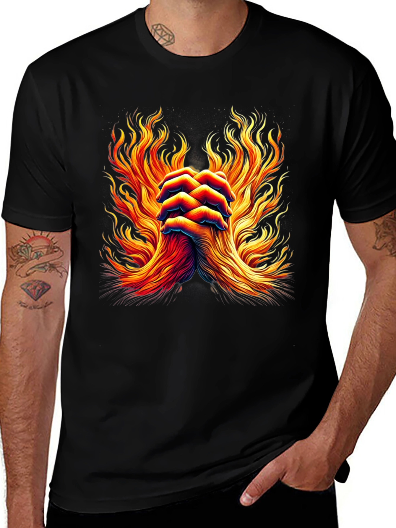 Variant 21 of Fiery Hands Graphic Tee - Bold Flame Design