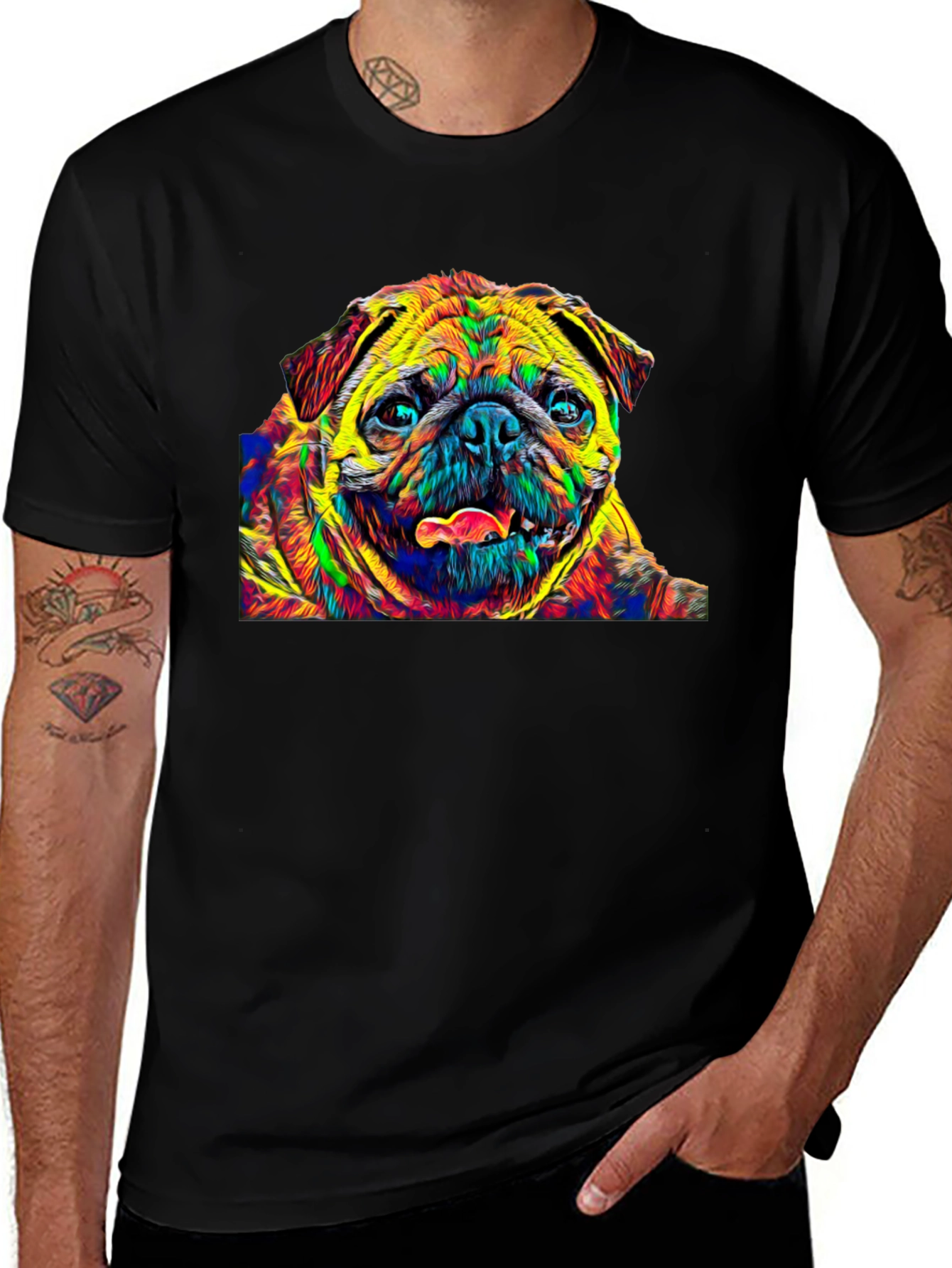 Variant 21 of Colorful Pug Graphic T-Shirt - Black